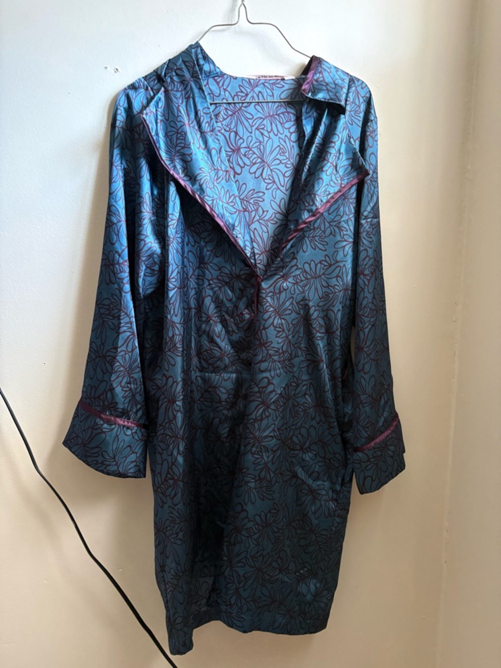 La Vie En Rose Blue Floral Satin Robe with Purple Trim